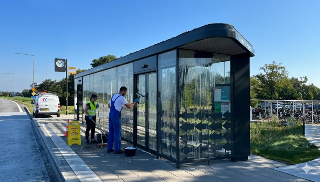 En entreprenör rengör glaset på ett väderskydd vid en hållplats. En servicebil står parkerad intill.