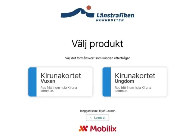 Skärmbild ur portalen: produktvalet för Kirunakortet, med valen Vuxen och Ungdom.